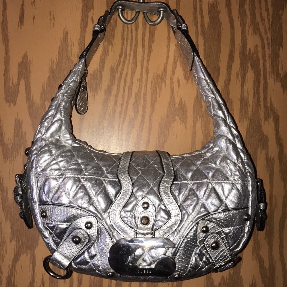 GUESS Large Metallic Quilted Tote Hobo silver